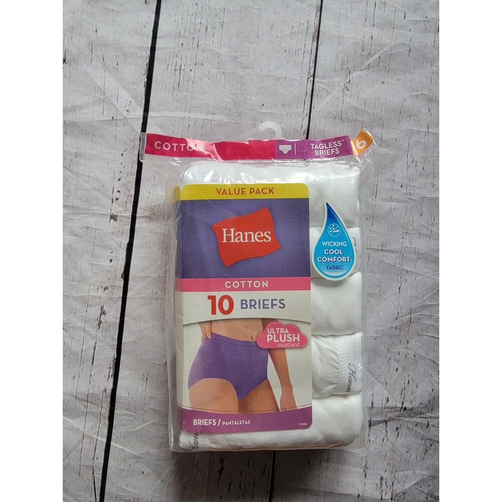 Hanes Women's White Cotton Tagless Briefs 10 Pack Size 6 New